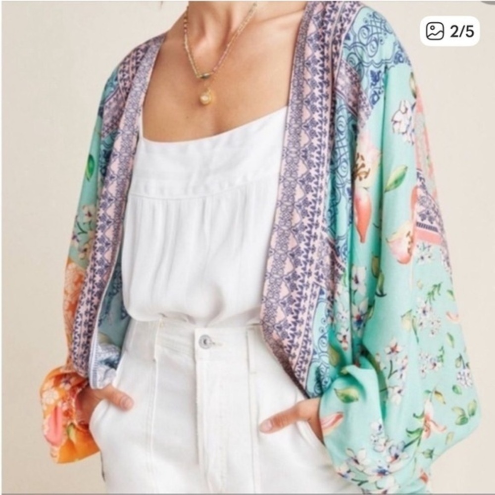 Anthropologie Teal and Peach Floral Kimono